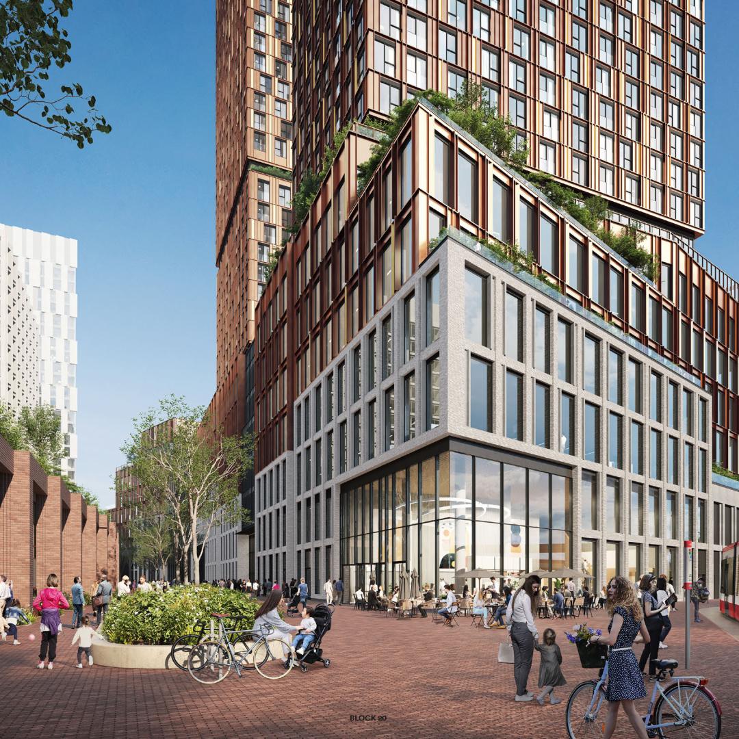 Rendering: a mixed-use building with a busy plaza in front. 