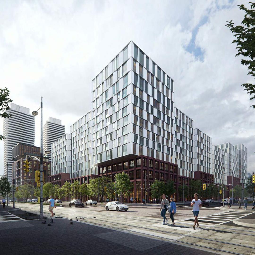 Rendering: an apartment building in a downtown with pedestrians and cars travelling in front. 