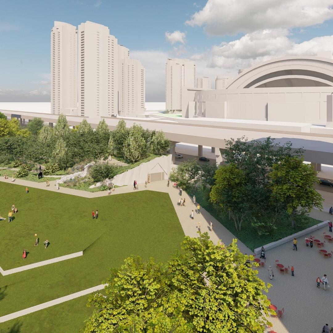 Rendering showing an aerial view of a future urban park and green space