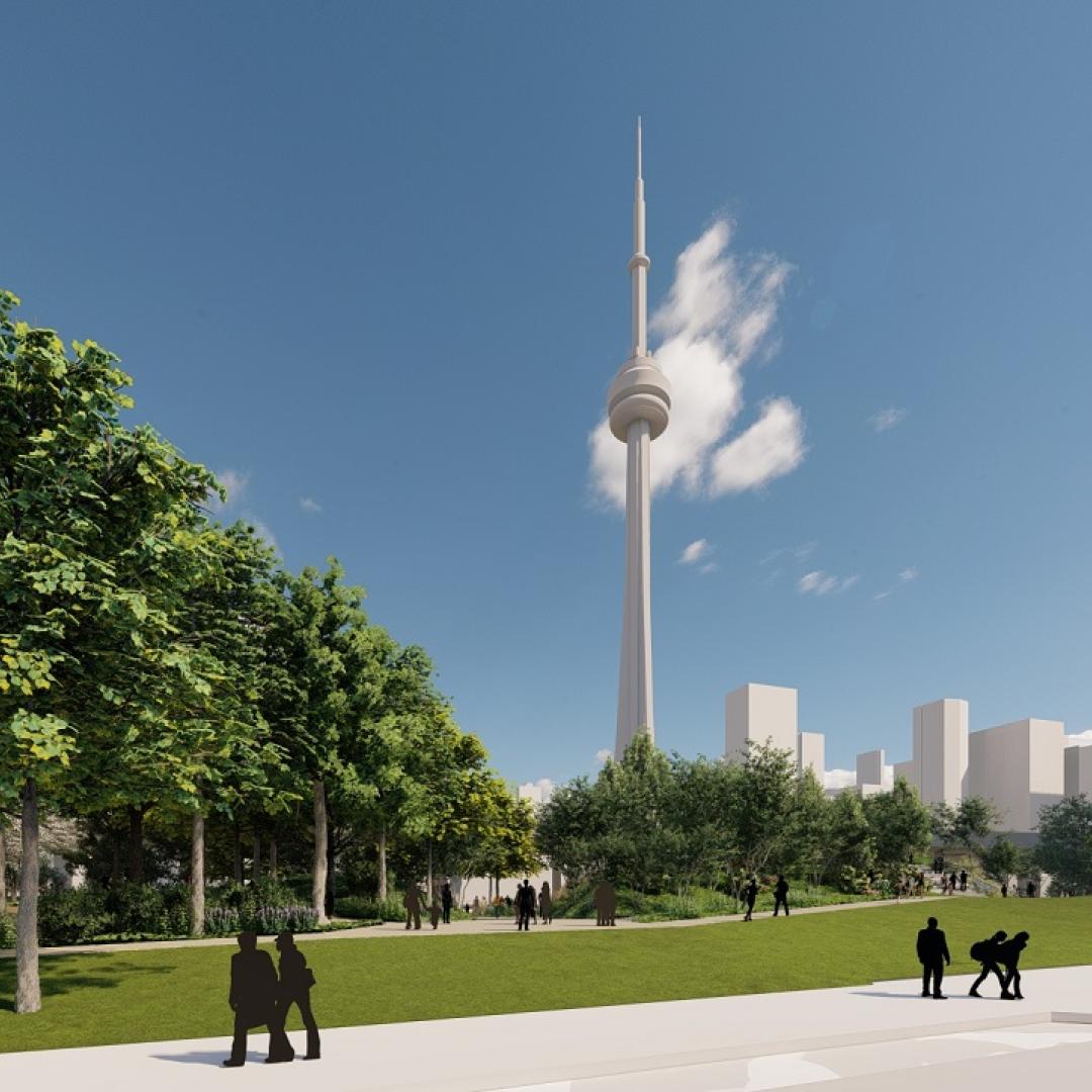 Rendering showing open green space in an urban park with the CN Tower in the background