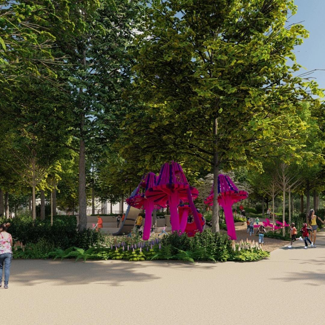 Rendering showing people walking in a shaded park next to a colourful area of play equipment