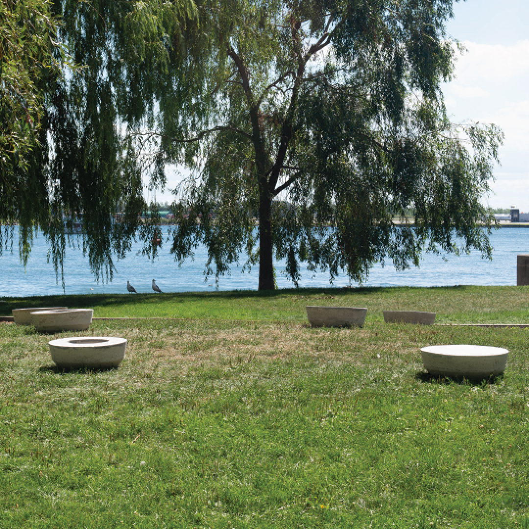 public art displayed in the open green space with the lake in the background