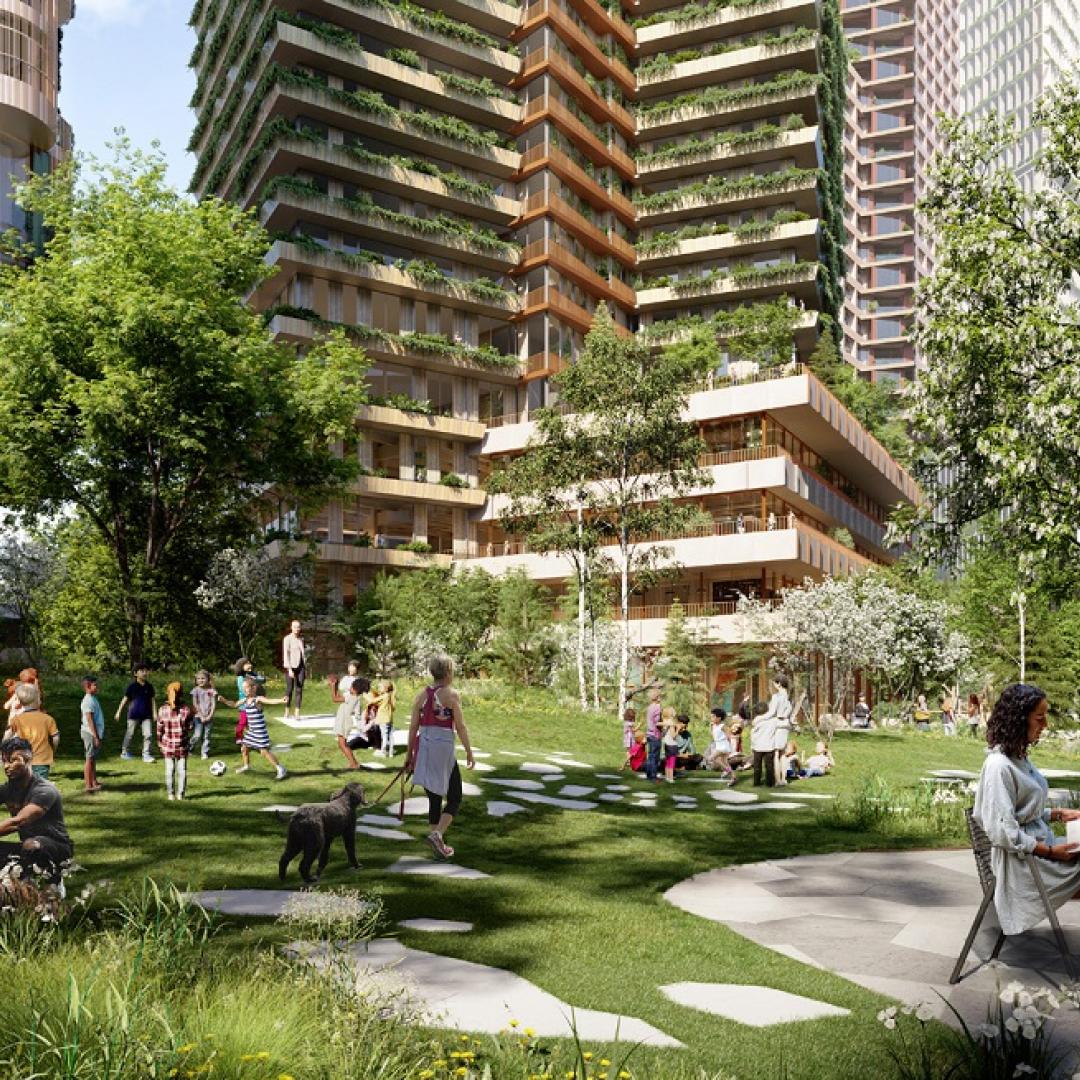 artist rendering of an outdoor public green space adjacent to buildings