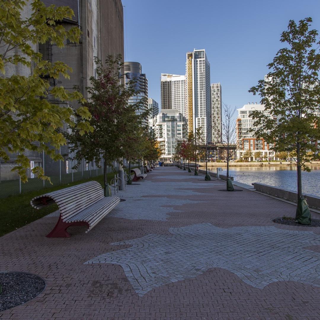 granite and benches along a tree lined water's edge promenade