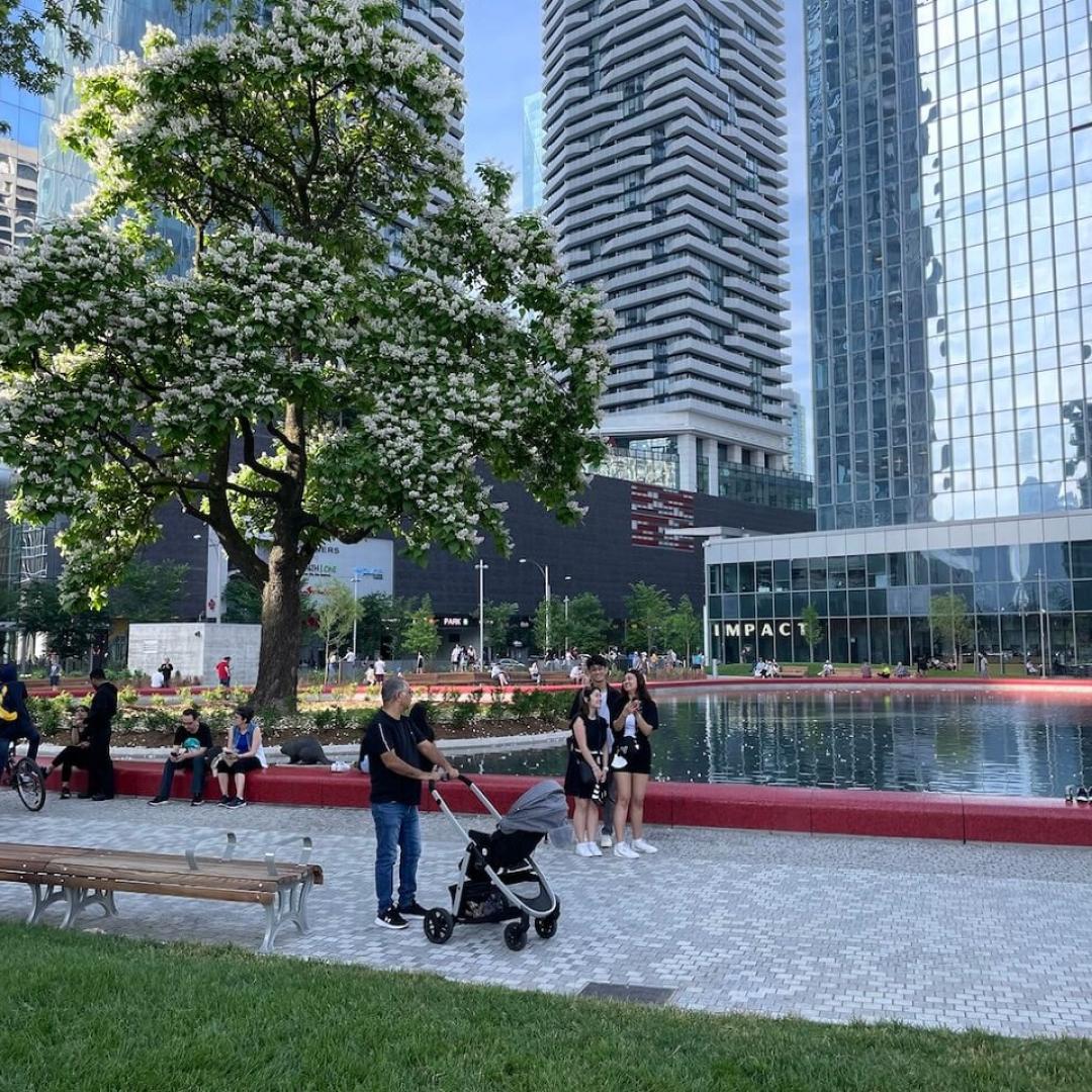 people next to a red heart shaped pond in an urban park