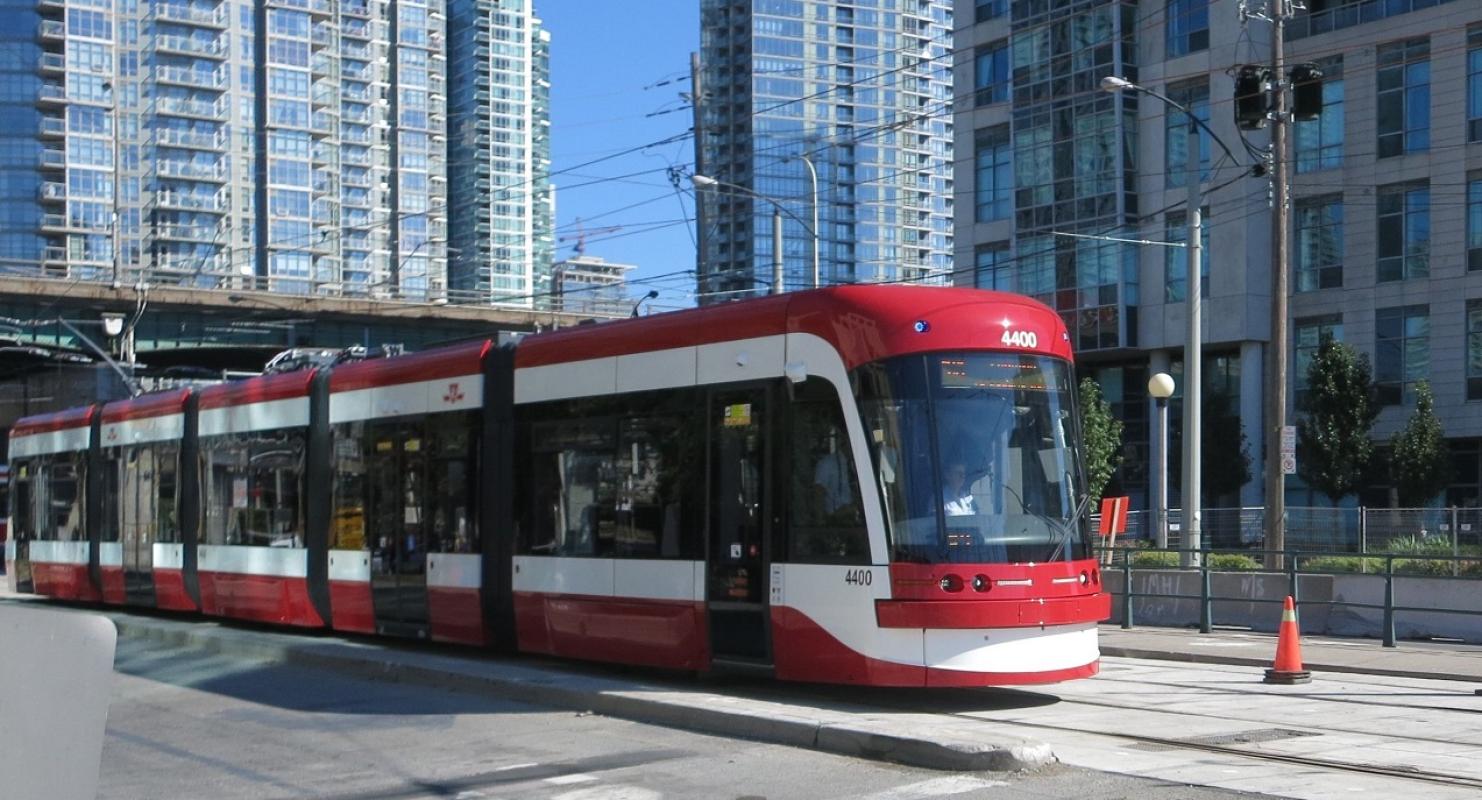 A new TTC streetcar being tested on Queens Quay