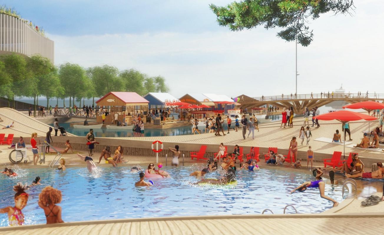 An artist rendering of the proposed vision for Parliament Slip depicting an active waterfront with lots of people swimming.