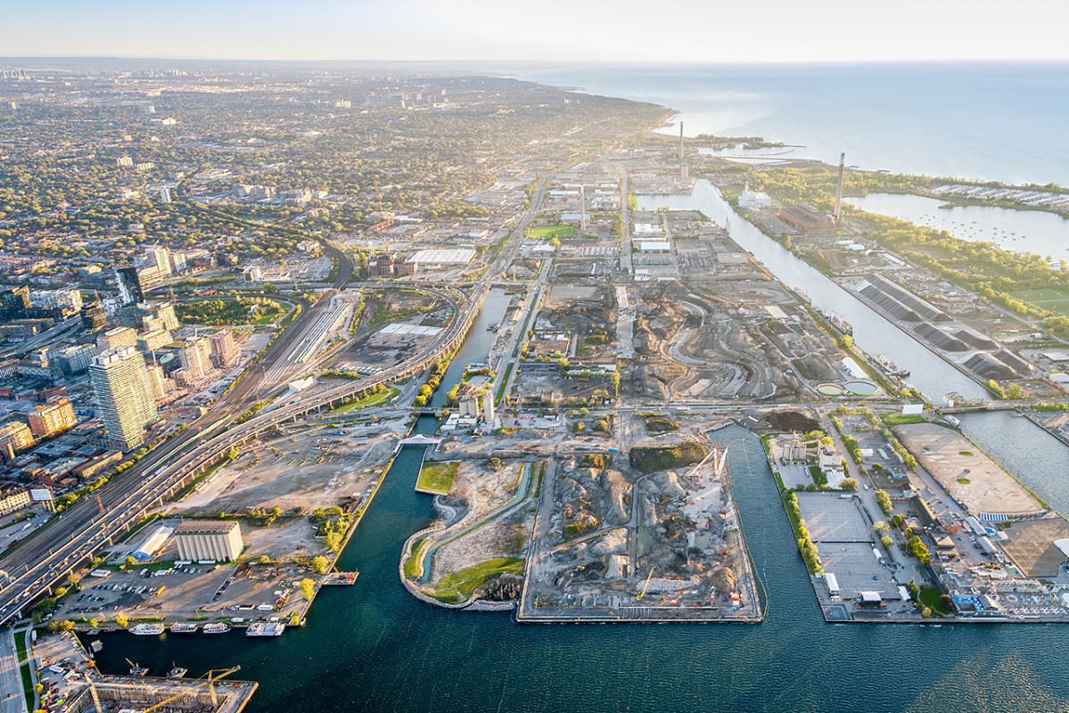 aerial view of the port lands looking east
