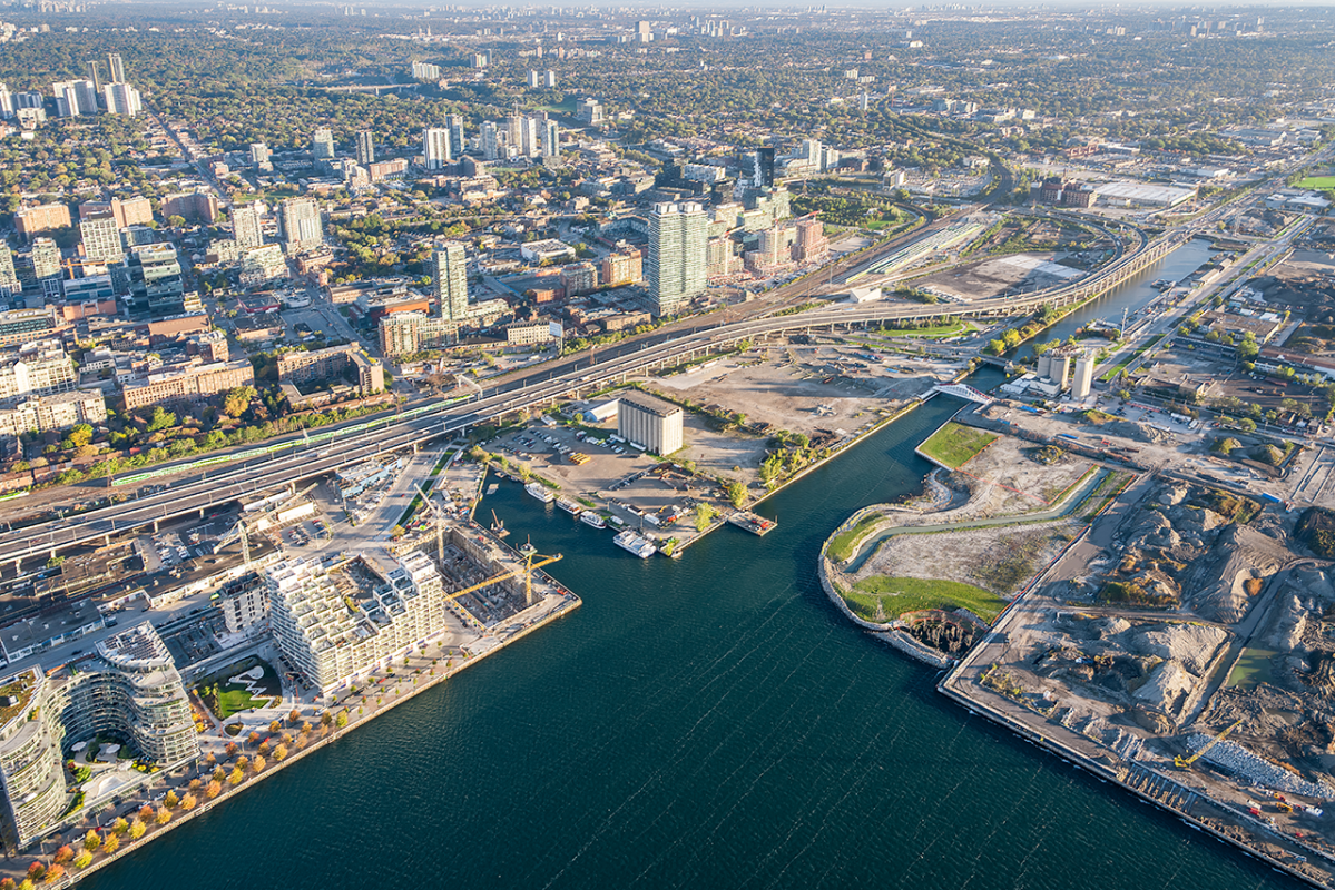 aerial view looking east over the Gardiner