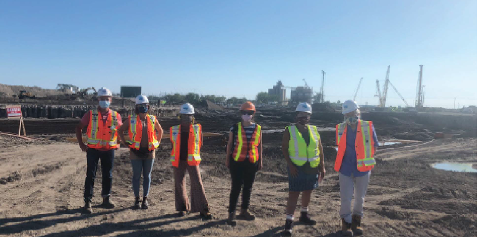 Members of the project team from MinoKamik Collective, Waterfront Toronto and EllisDon at the Port Lands Flood Protection construction site