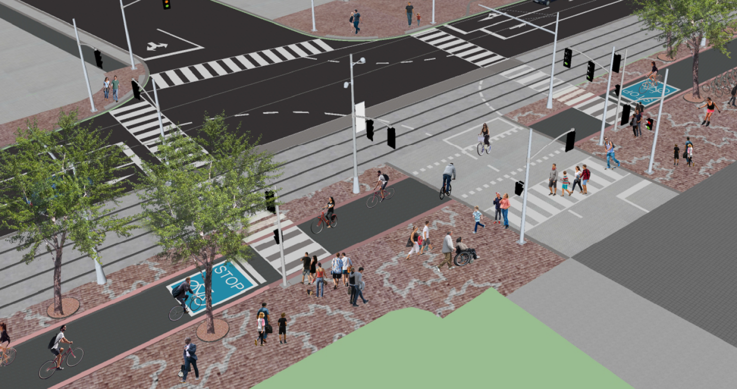 Rendering showing updates to Queens Quay West that will improve interactions between cyclists and pedestrians.