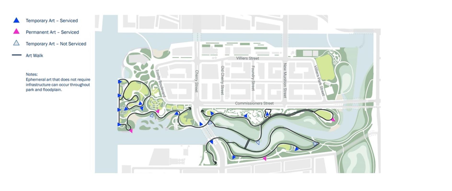 conceptual map showing the route and location of a future art trail