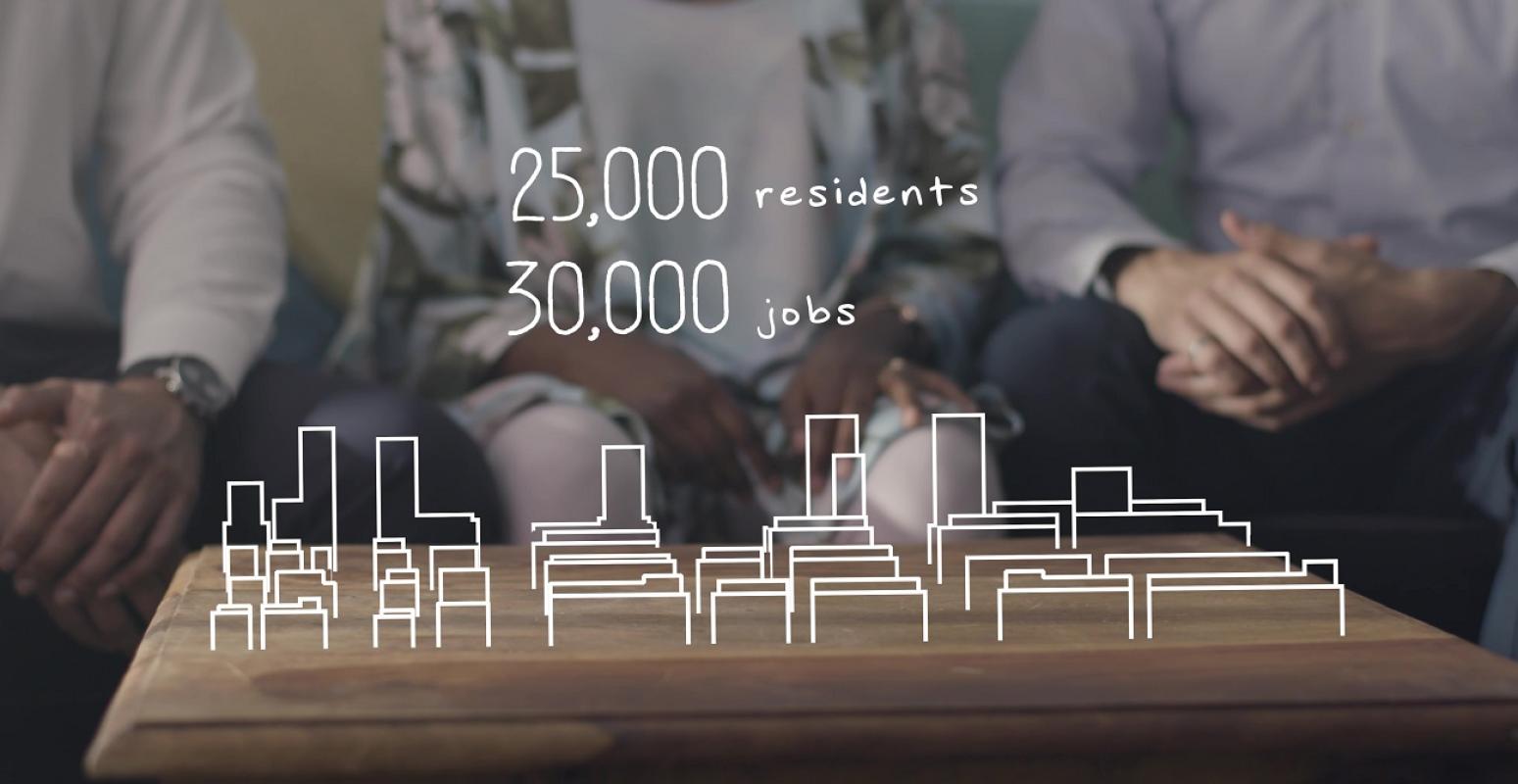 Image with text and graphics on it indicating the future Port Lands will have 25,000 residents and 30,000 jobs