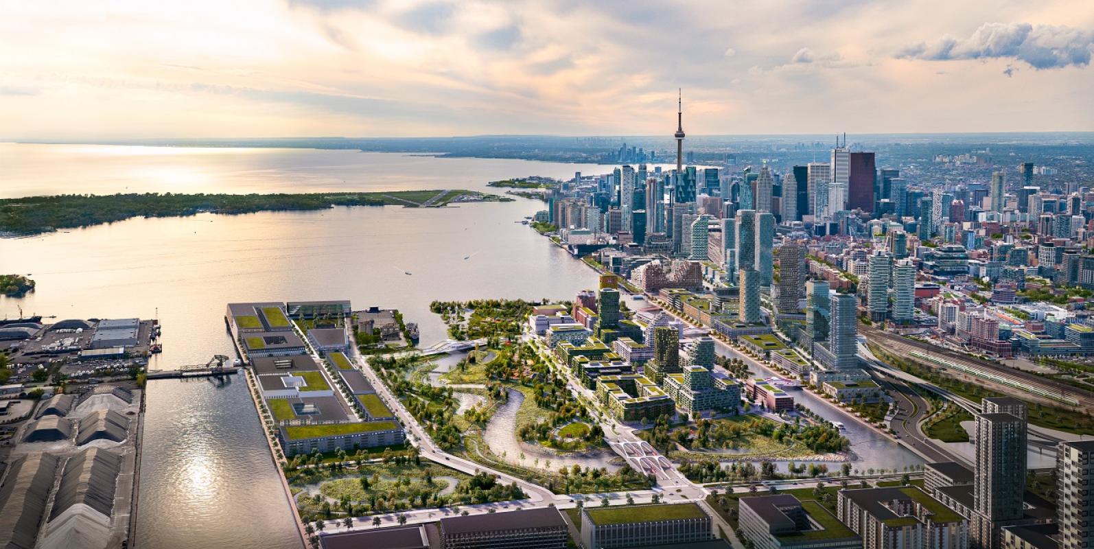 aerial view of the city and rendering shows future waterfront art trail