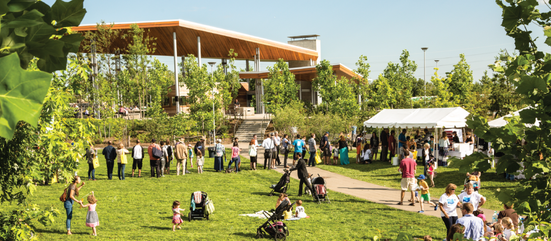 People standing and sitting on a grassy lawn in a park. A pavilion in the background. 