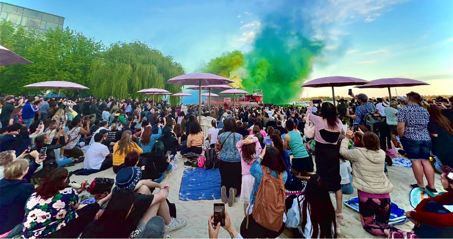 A crowd of people on a beach facing a green and blue smoke display.