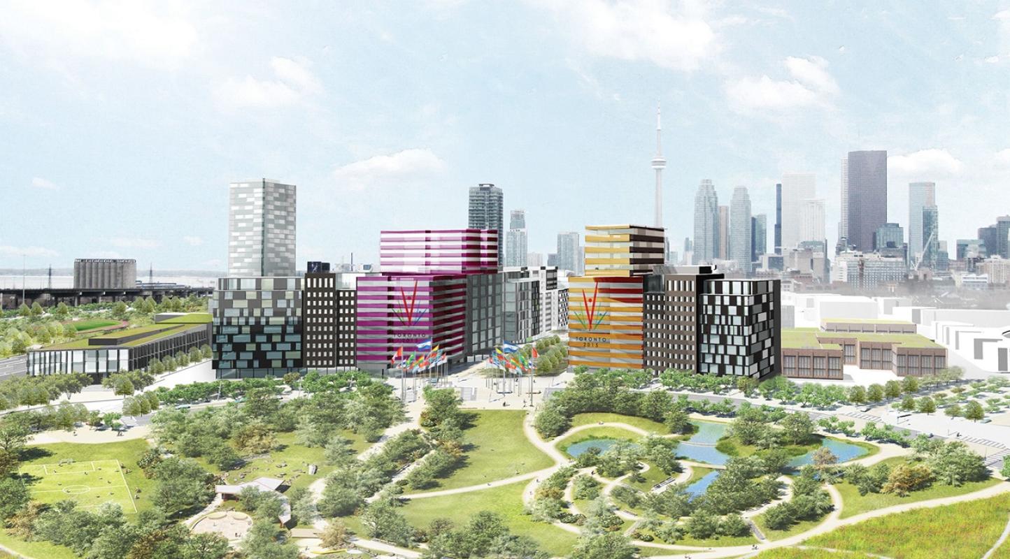 rendering of an urban park with a city skyline in the background