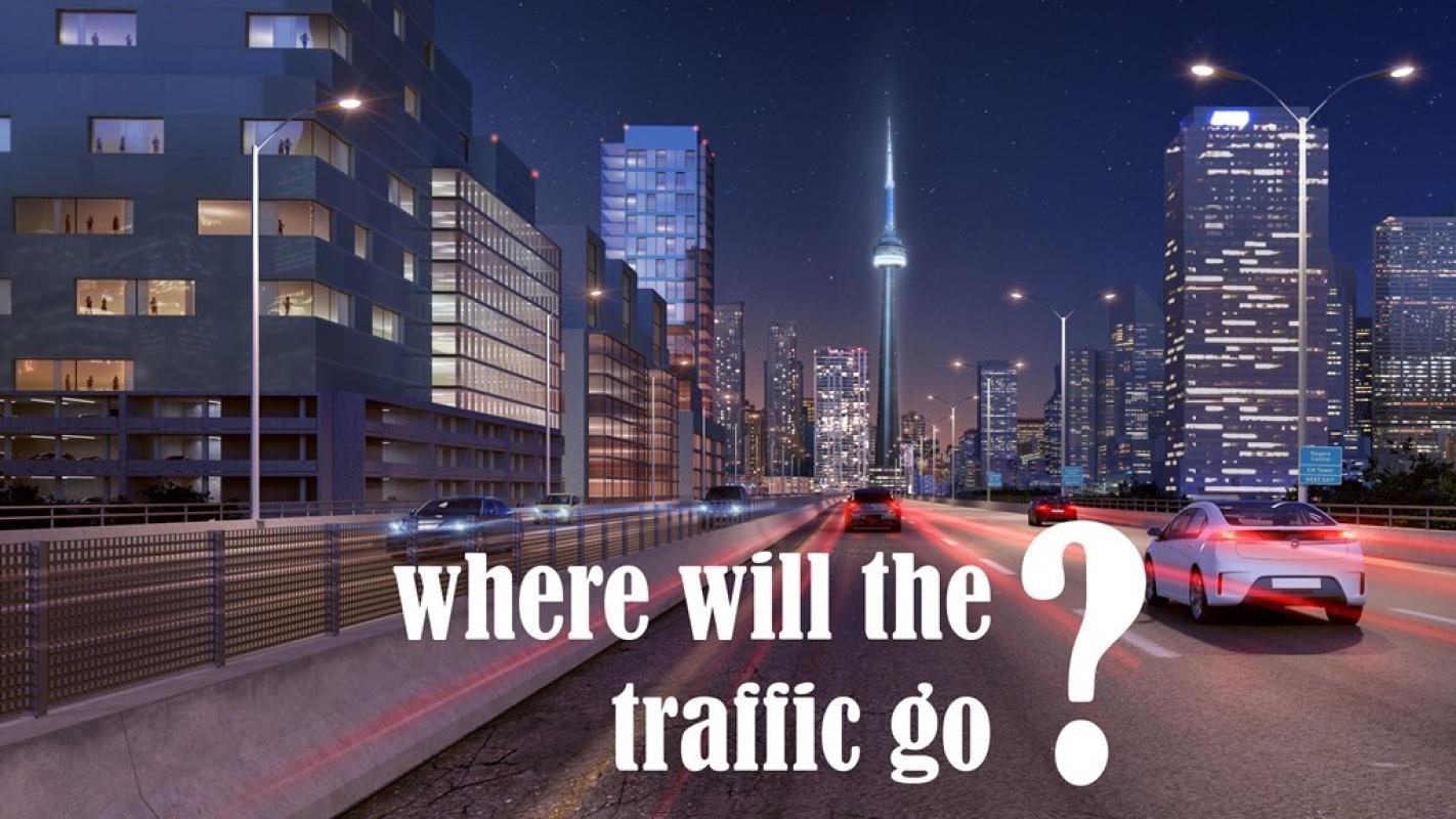 infographic of a busy roadway with the phrase - where will the traffic go