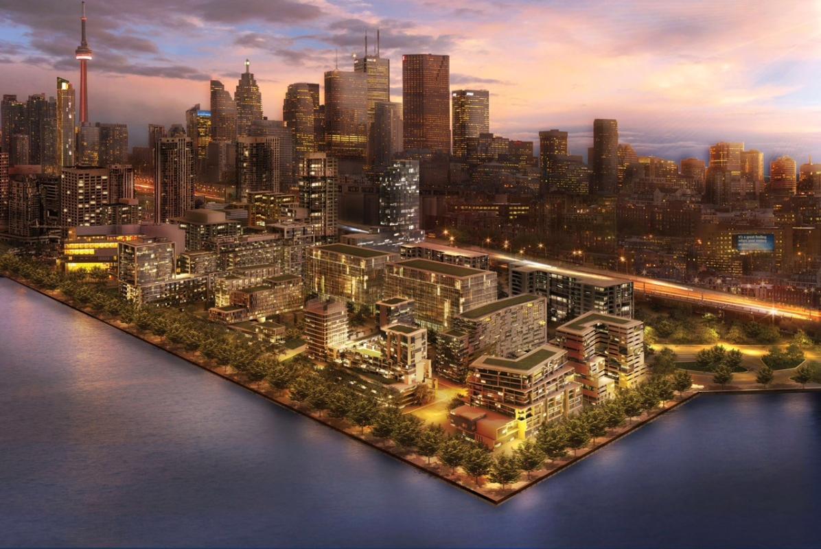 artist rendering of a new waterfront community at dusk
