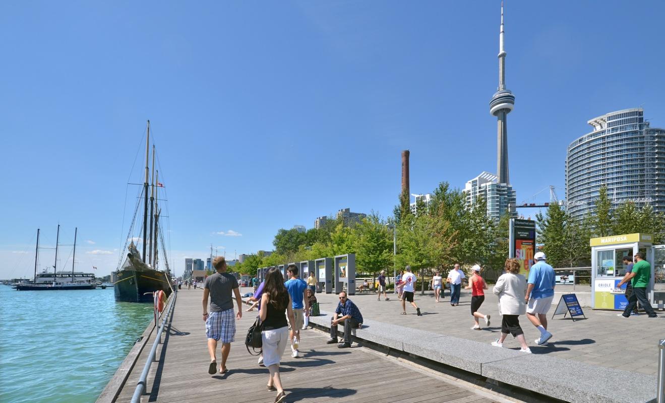view of a busy water's edge promenade on a sunny day