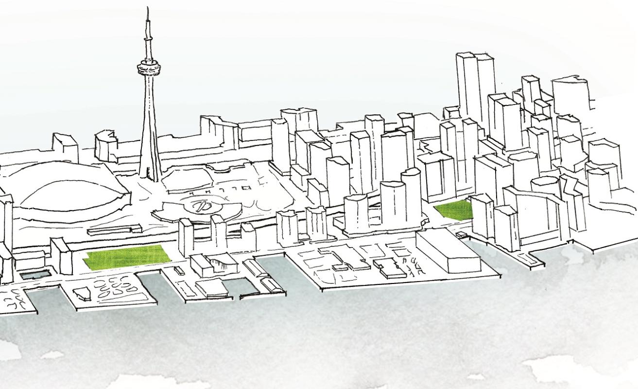 illustration of a the waterfront with two future parks highlighted in green