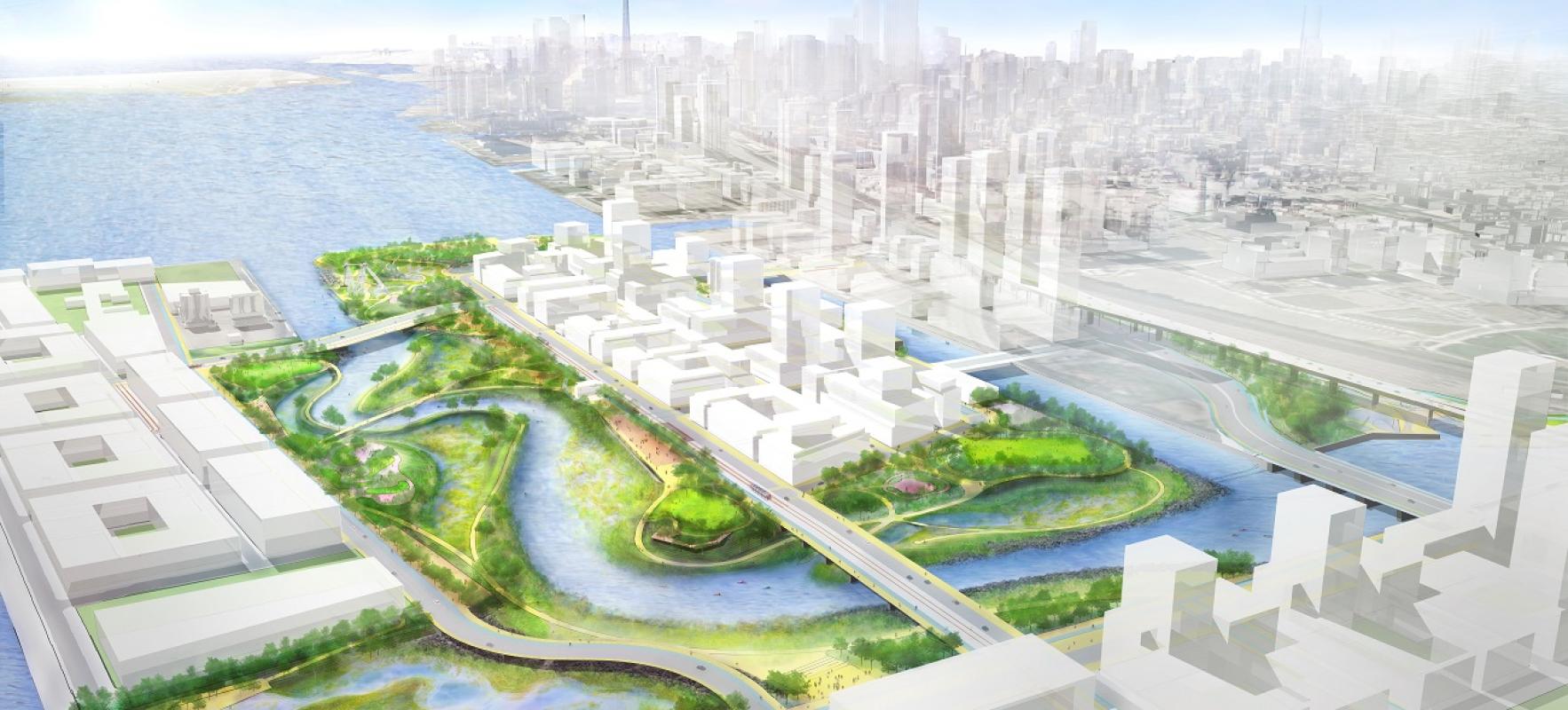 Rendered view of new river and the future development on Villiers Island