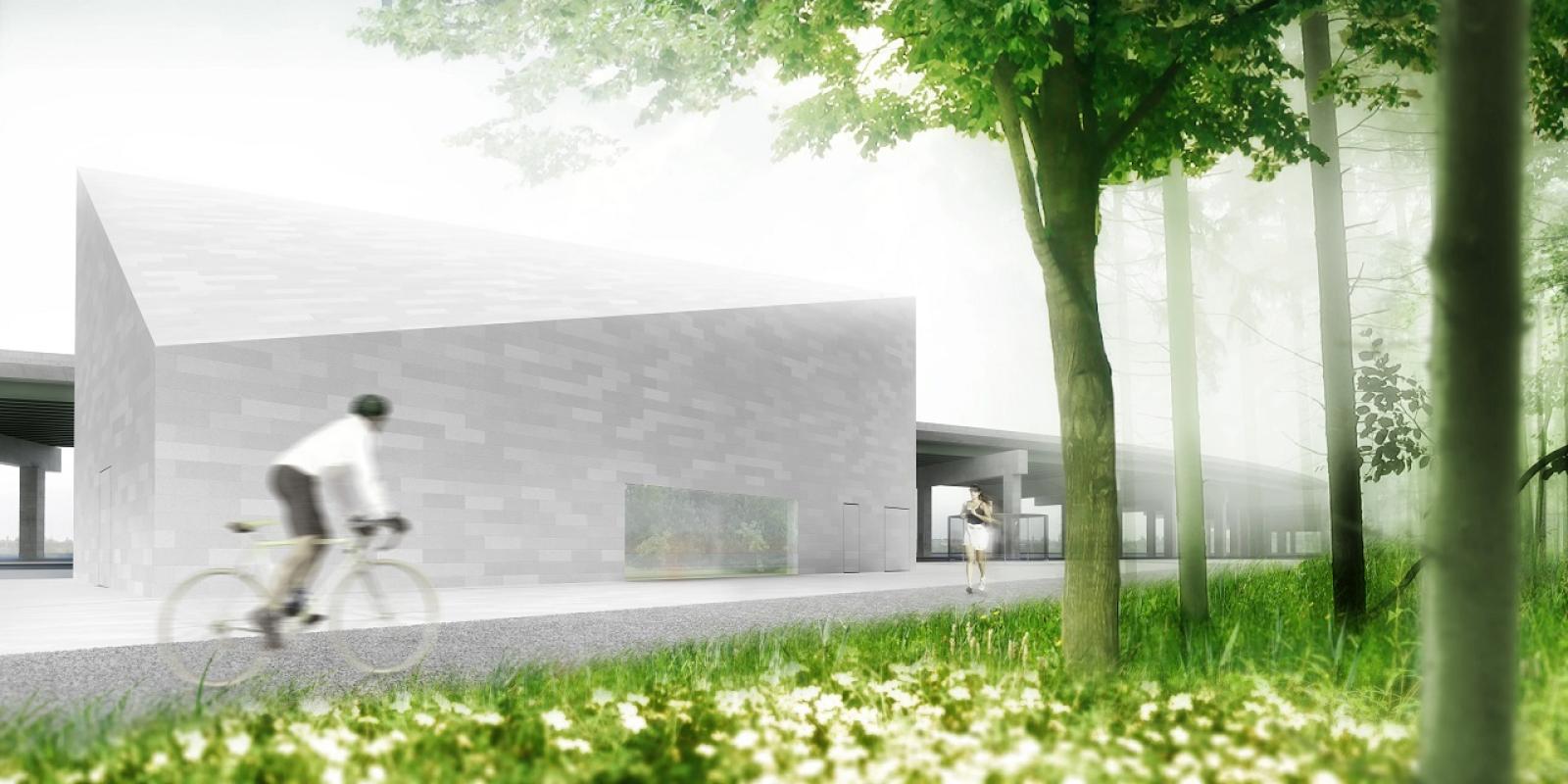 rendering of a someone cycling past a concrete building