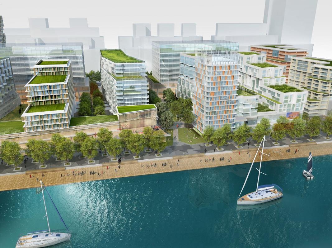 rendering of waterfront buildings and a tree lined boardwalk with sailboats in the lake
