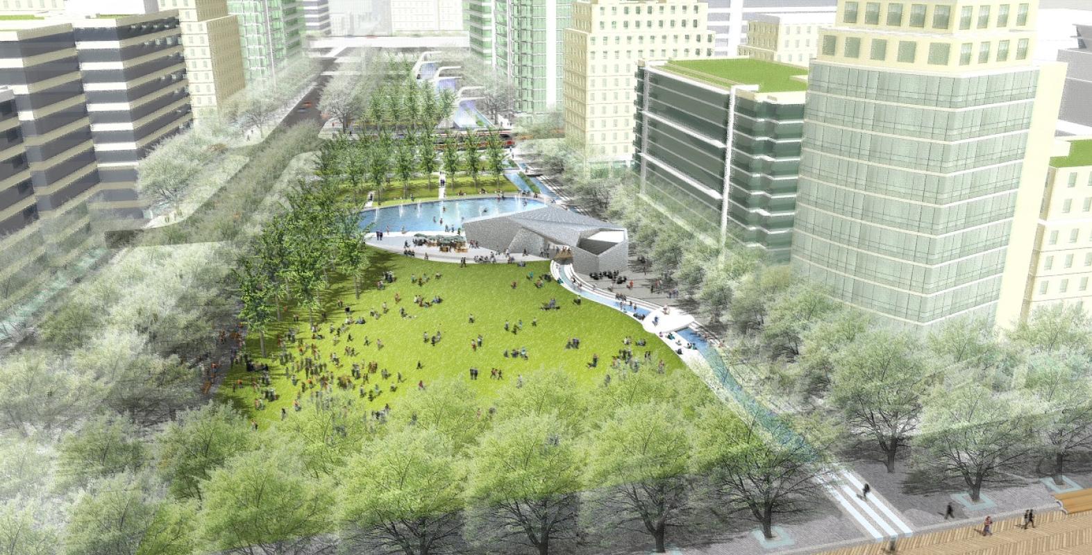 rendering showing birds eye view of a park with splash pad and water features