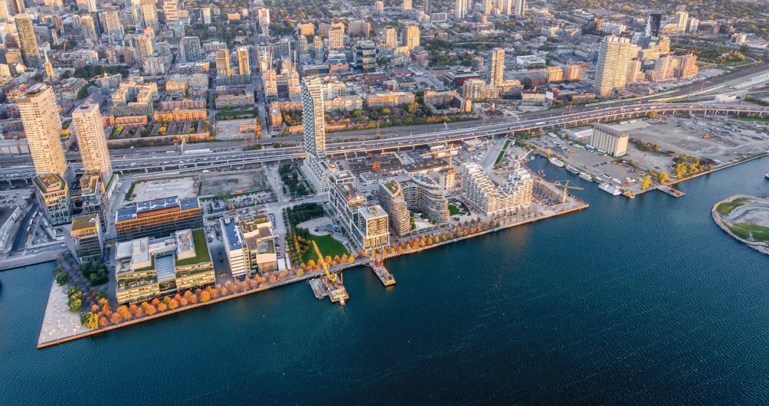 Aerial of Toronto's East Bayfront neighbourhood on the waterfront. 