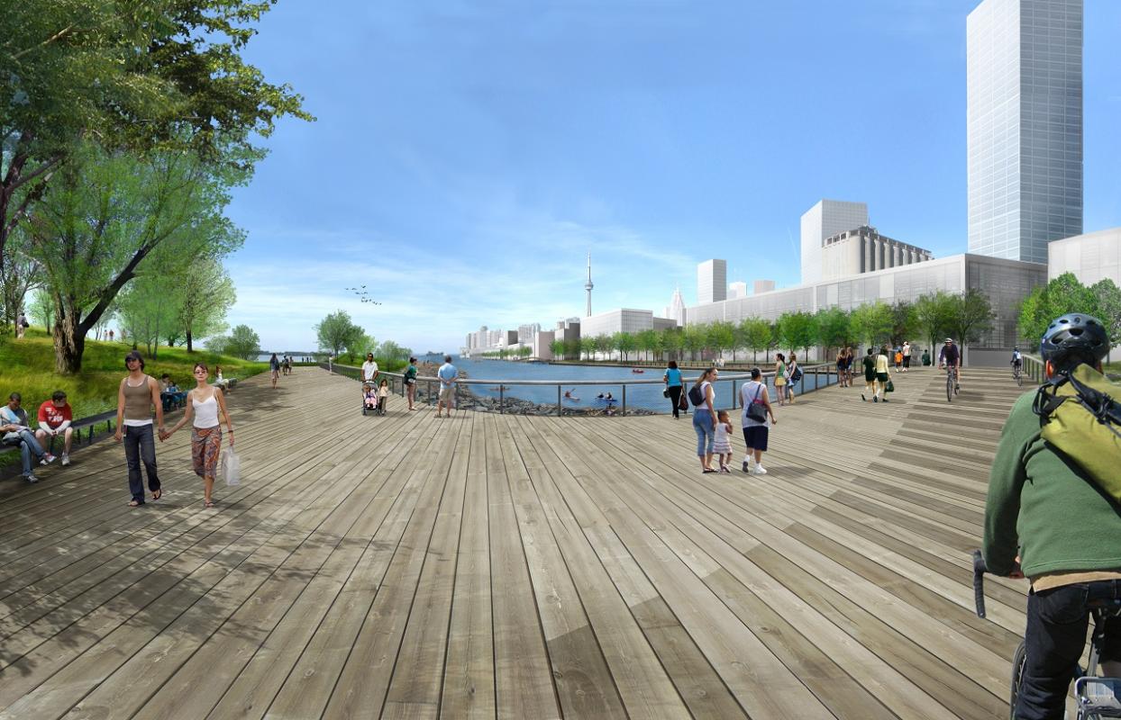 rendering of a large wooden bridge and boardwalk next to the water