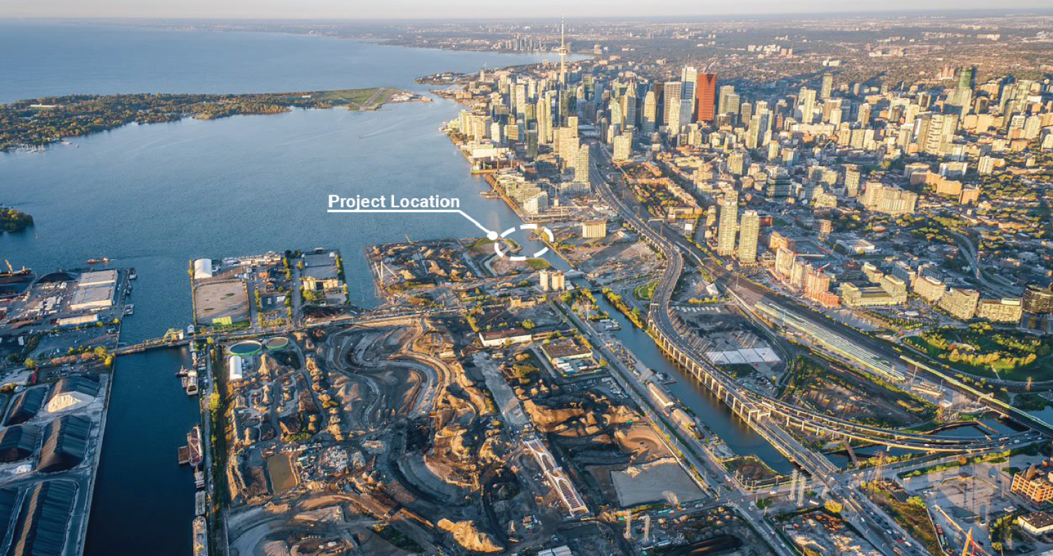 Aerial of Toronto's downtown waterfront with a dashed circle in the center labeled 'Project location'