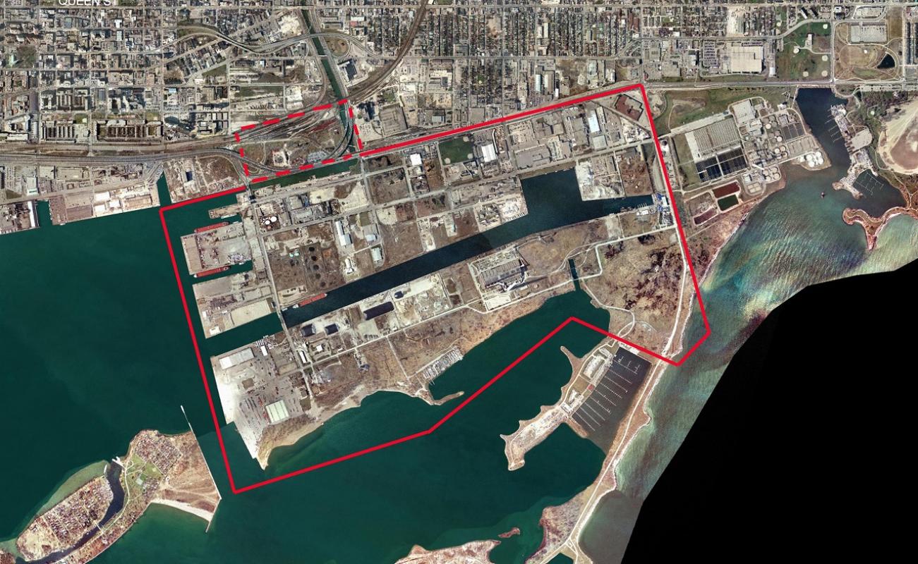 waterfront map showing the boundary for the Port Lands area