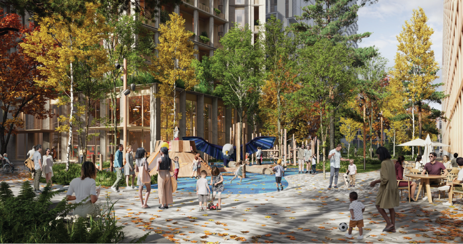 Rendering of a playground surrounded by trees and building in the background. 