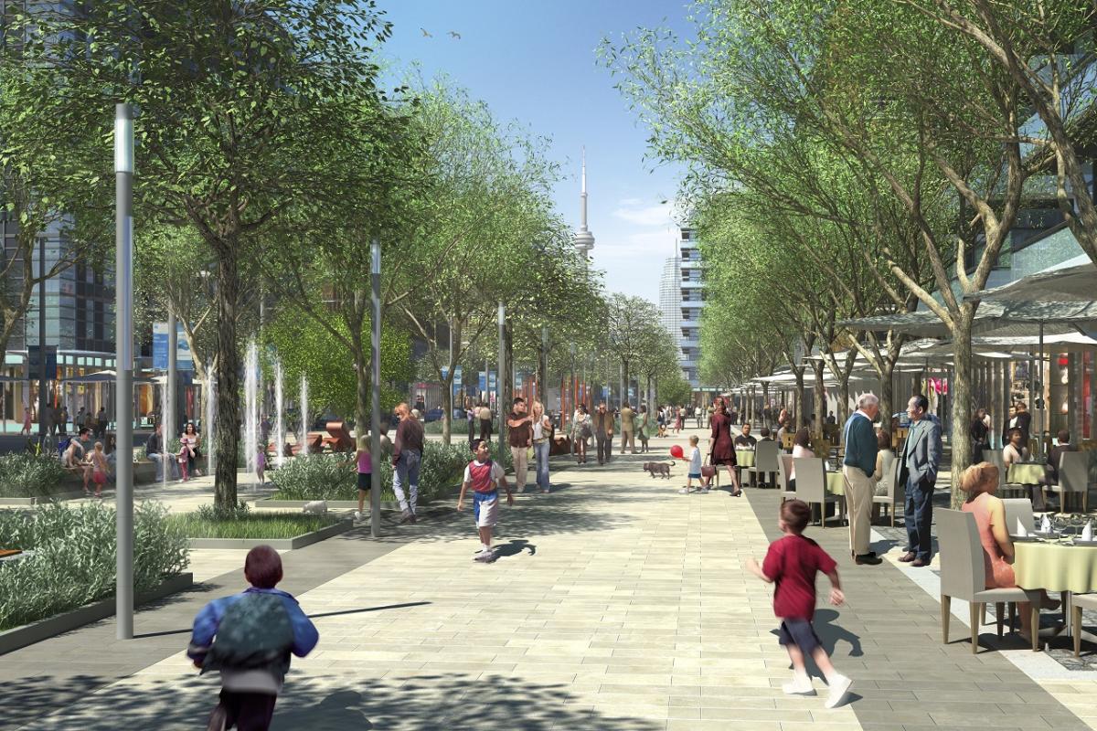 rendering of a busy street and promenade