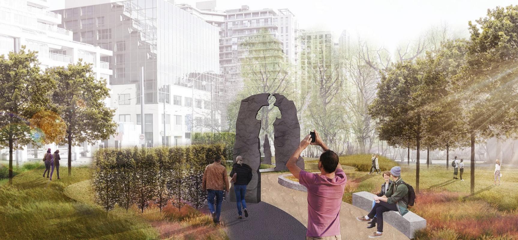 Artist rendering of a park with a public art installation as a legacy to Terry Fox