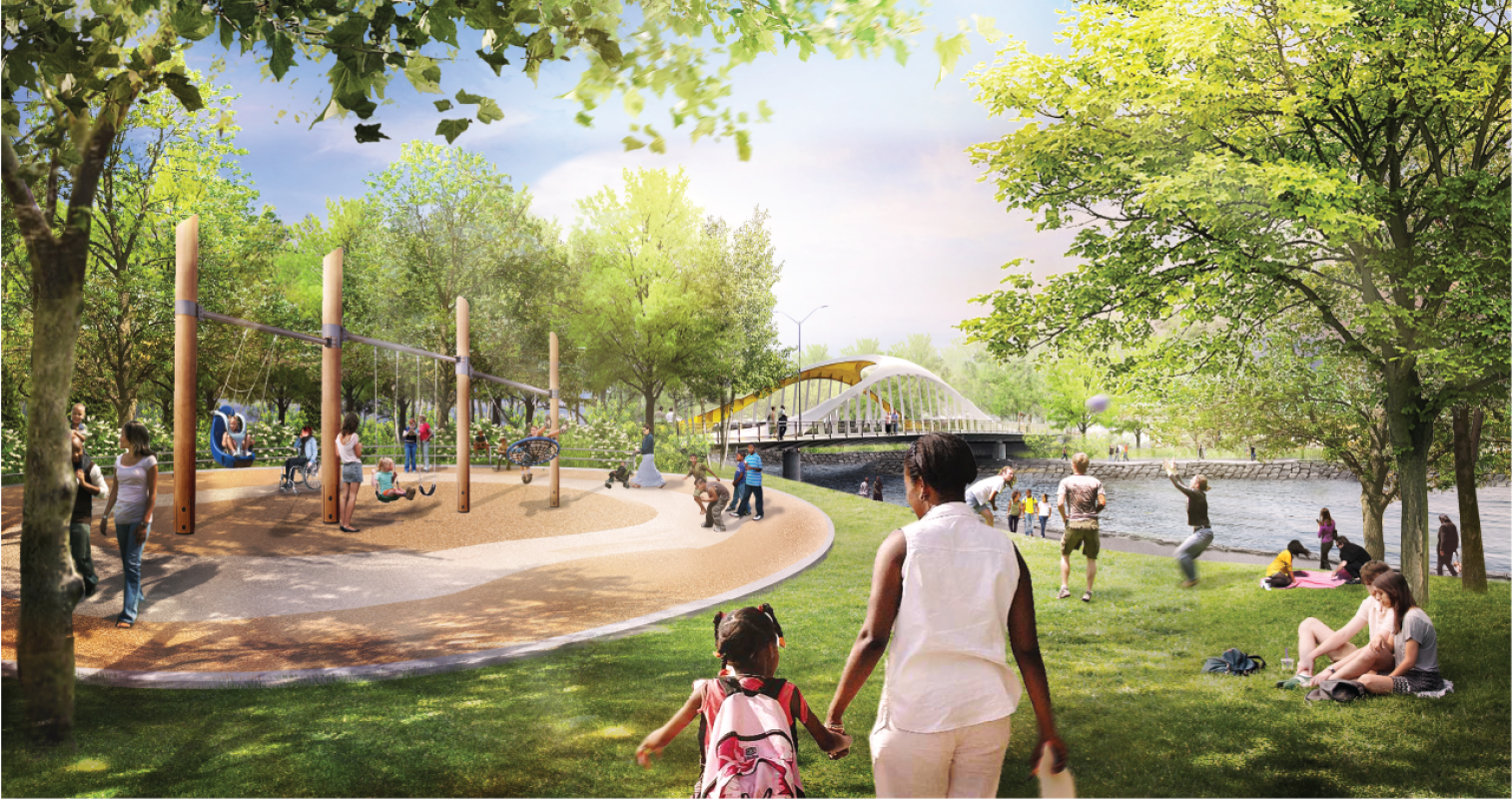 Rendering: a busy park with a curved bridge in the background. 