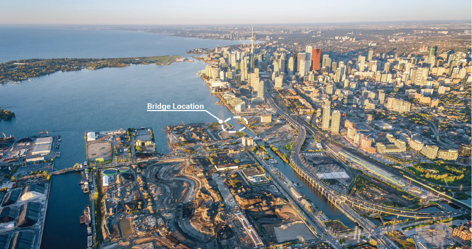 Toronto from above with bridge location circle.