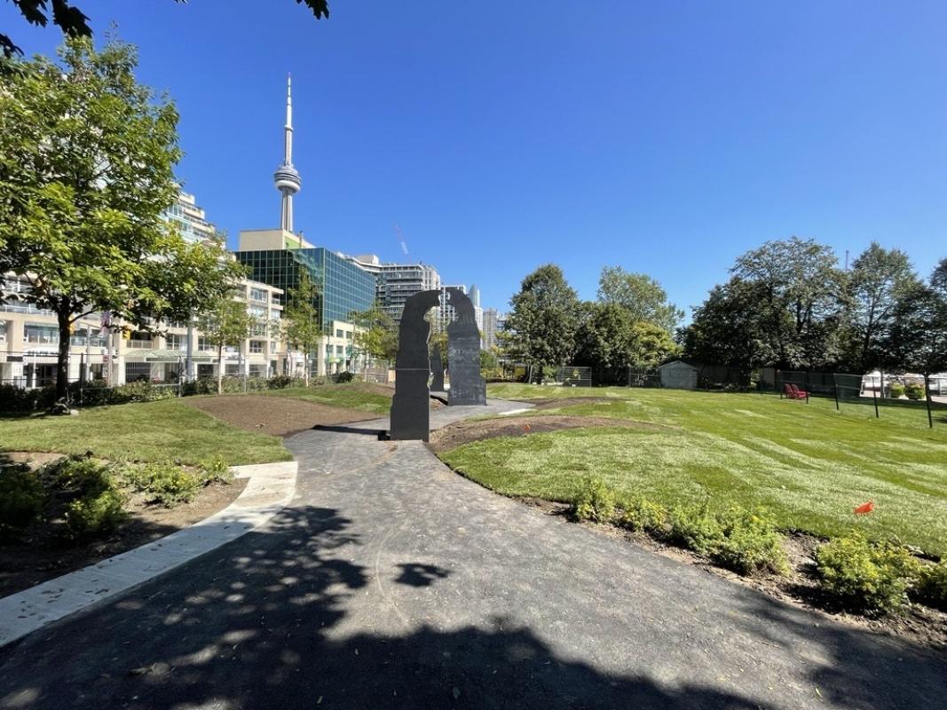 Granite slabs in a park form Terry Fox's silhouette.