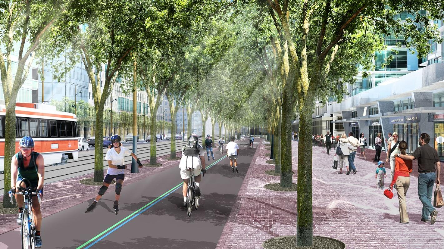 Rendering of people using a tree-lined multi-use trail