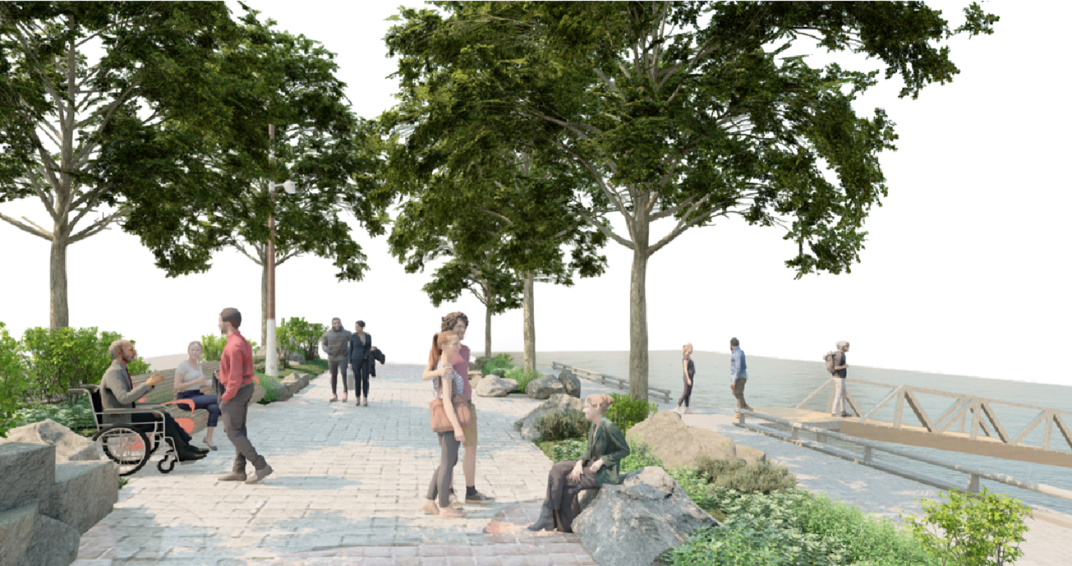 Rendering of people walking along the Water's Edge Promenade