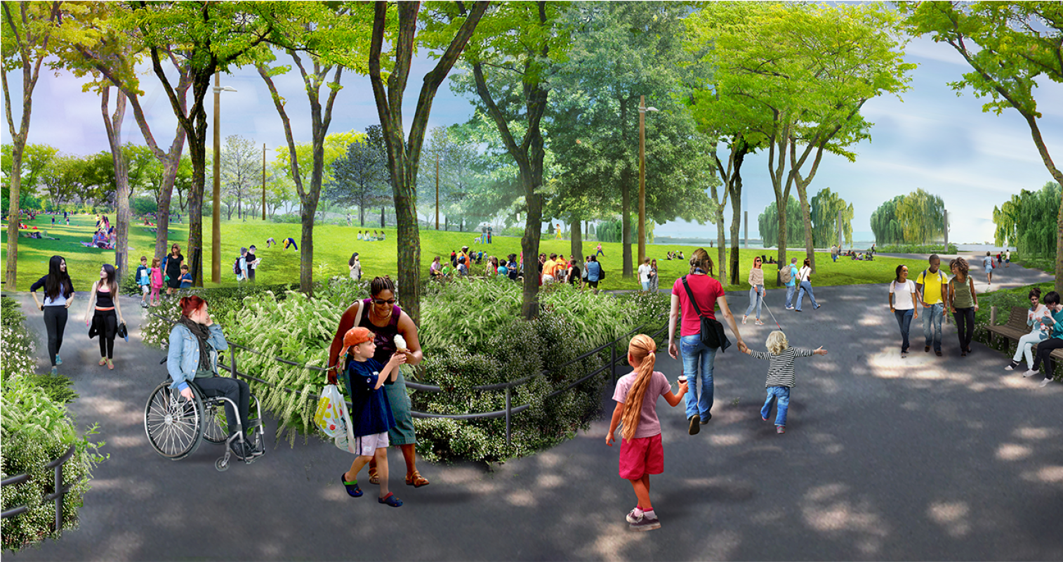 Rendering: people on a tree-lined pathway in a park. 