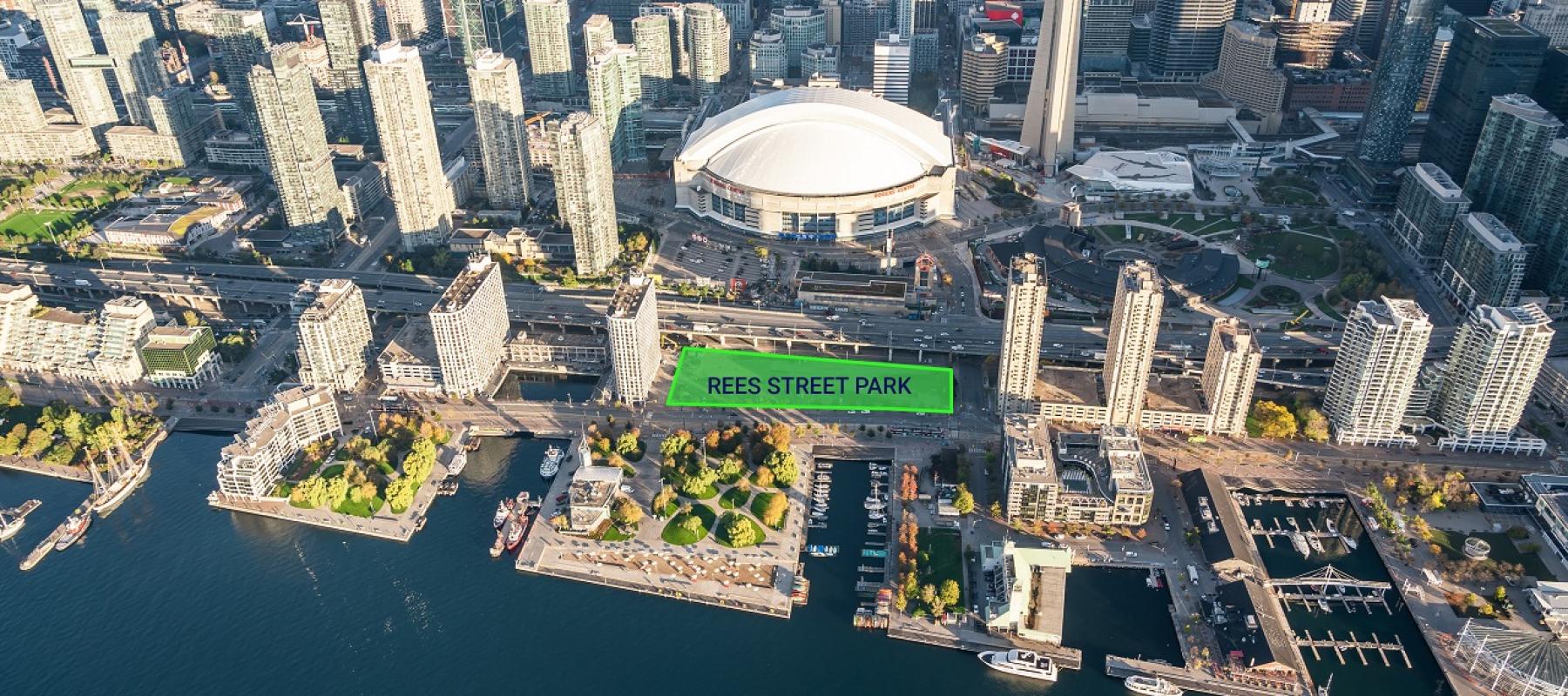 Aerial view of Toronto's waterfront highlighting the location of Rees Street Park