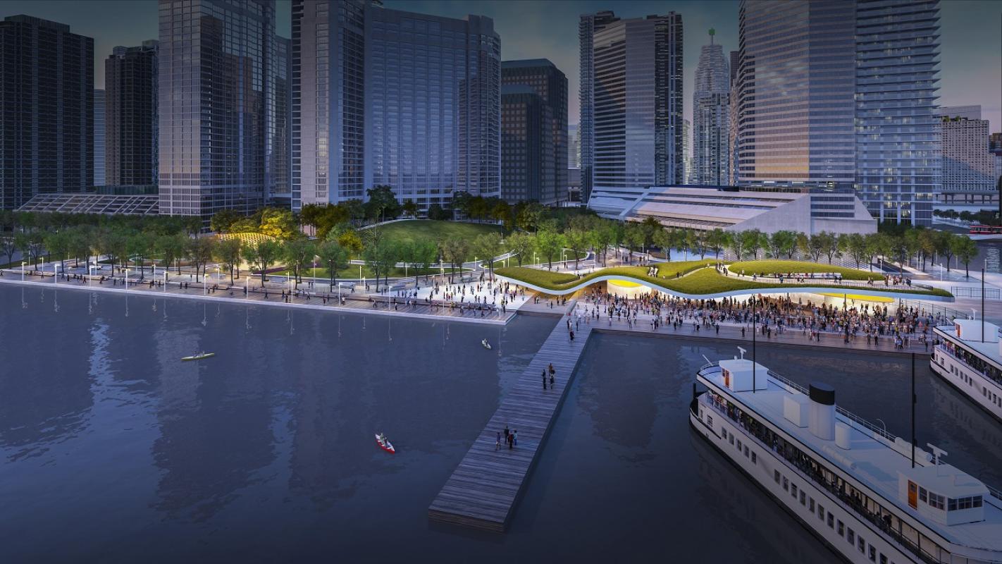 artist rendering of a redesigned ferry terminal and waterfront park at dusk
