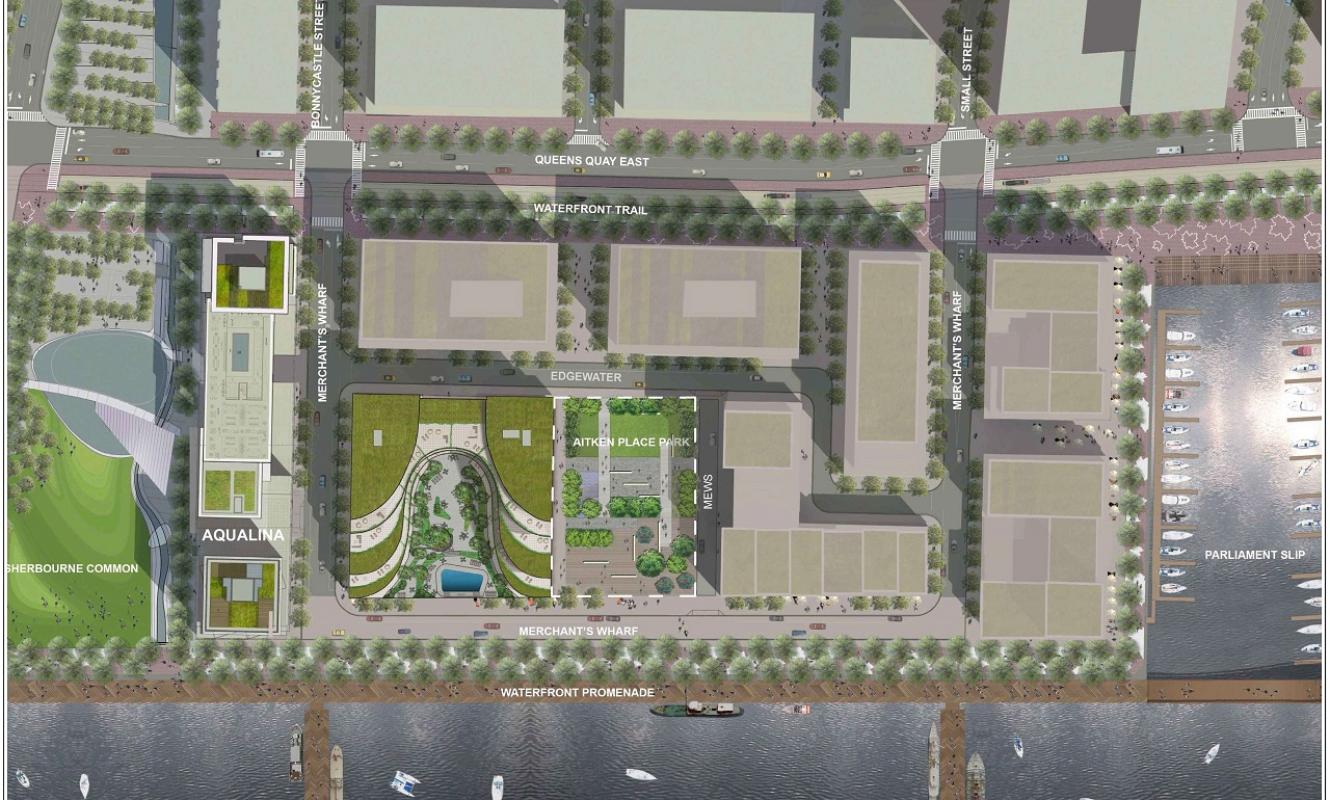rendered map showing aerial view of a mixed use planned waterfront community