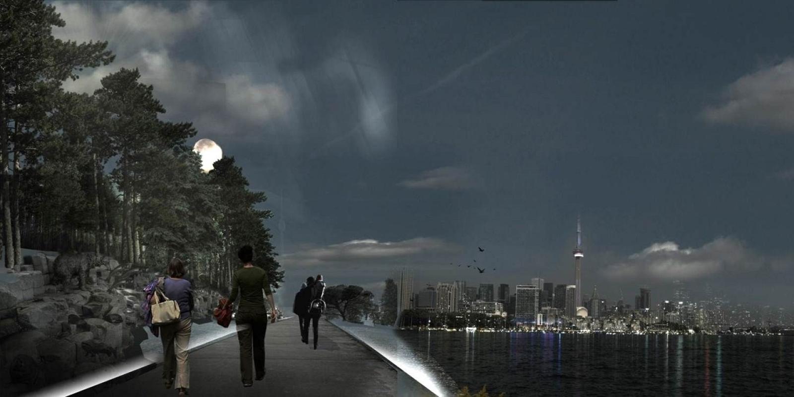 artist rendering of a waterfront trail and boardwalk at night