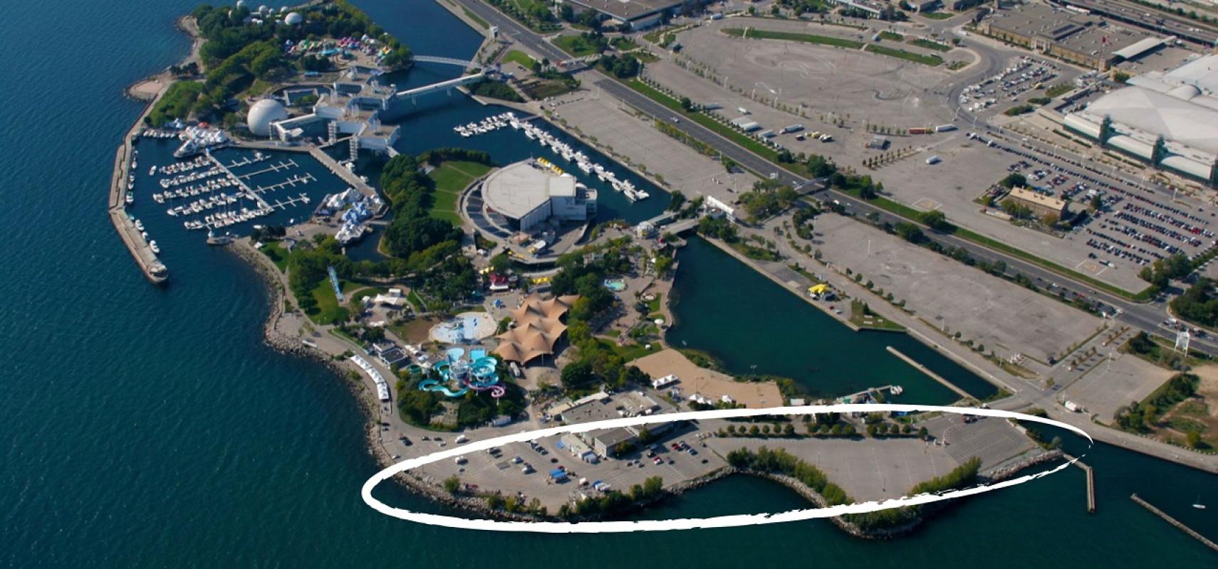 aerial view showing the location of a new park and trail at Ontario Place