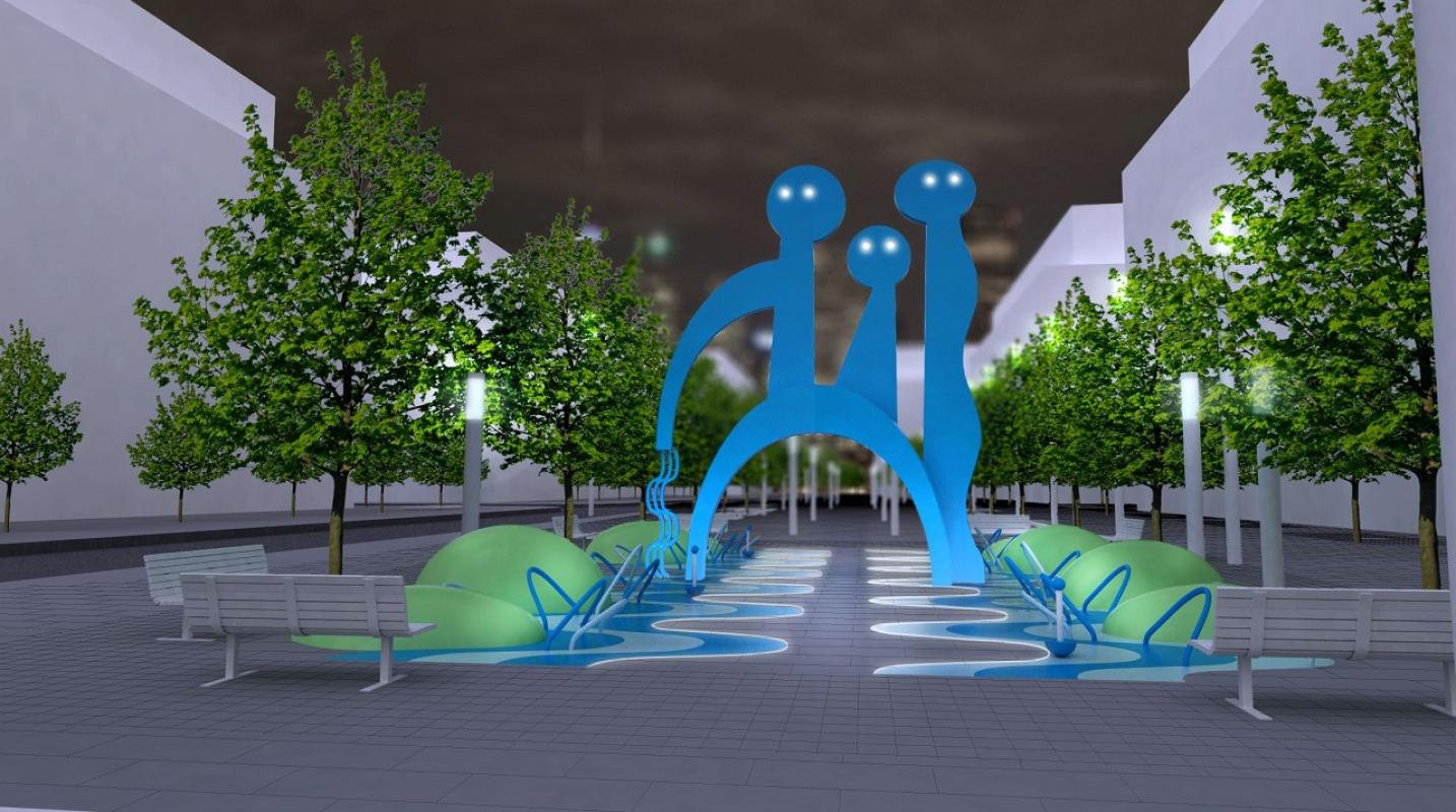 artist rendering of art curvy blue public art sculptures