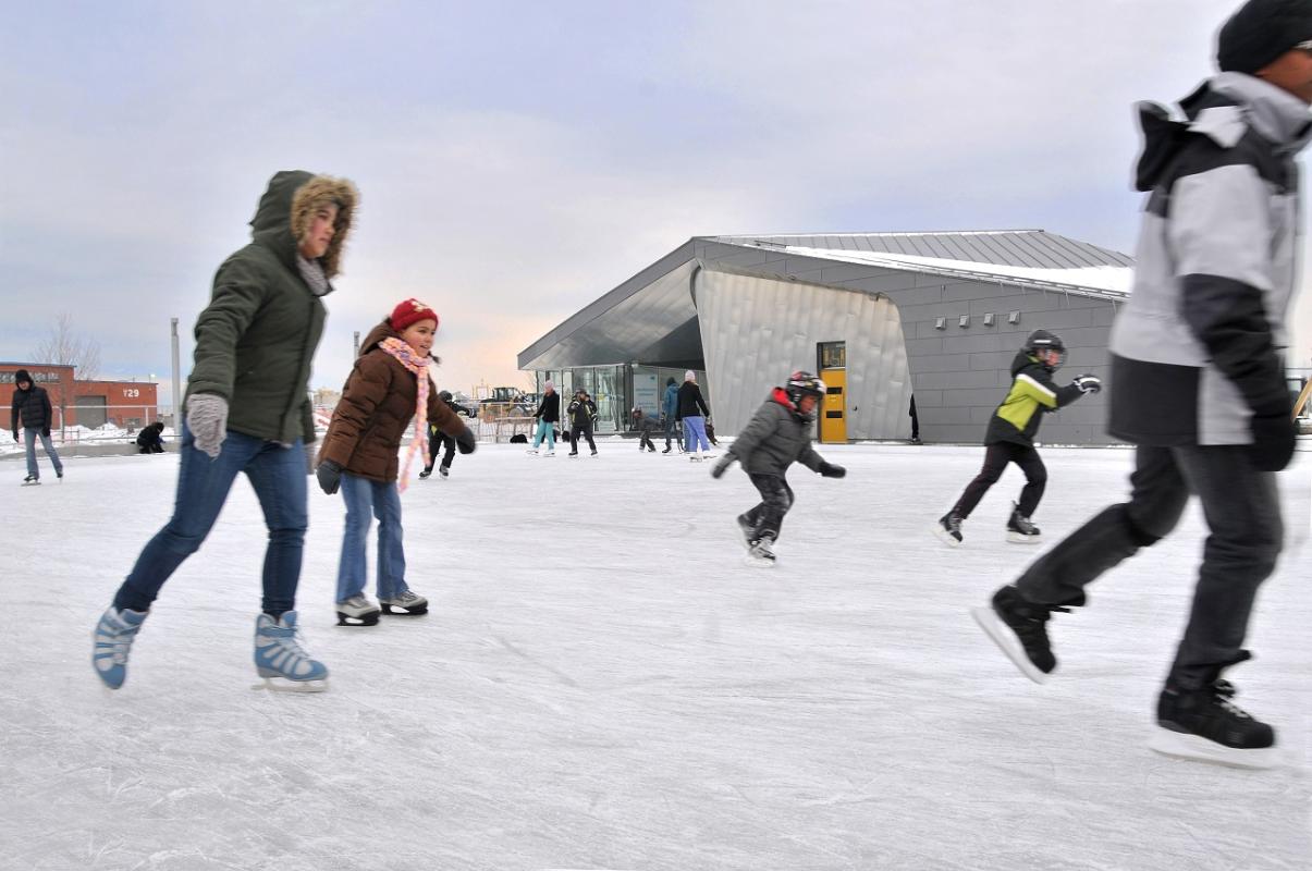 groups of people skating on a public outdoor rink