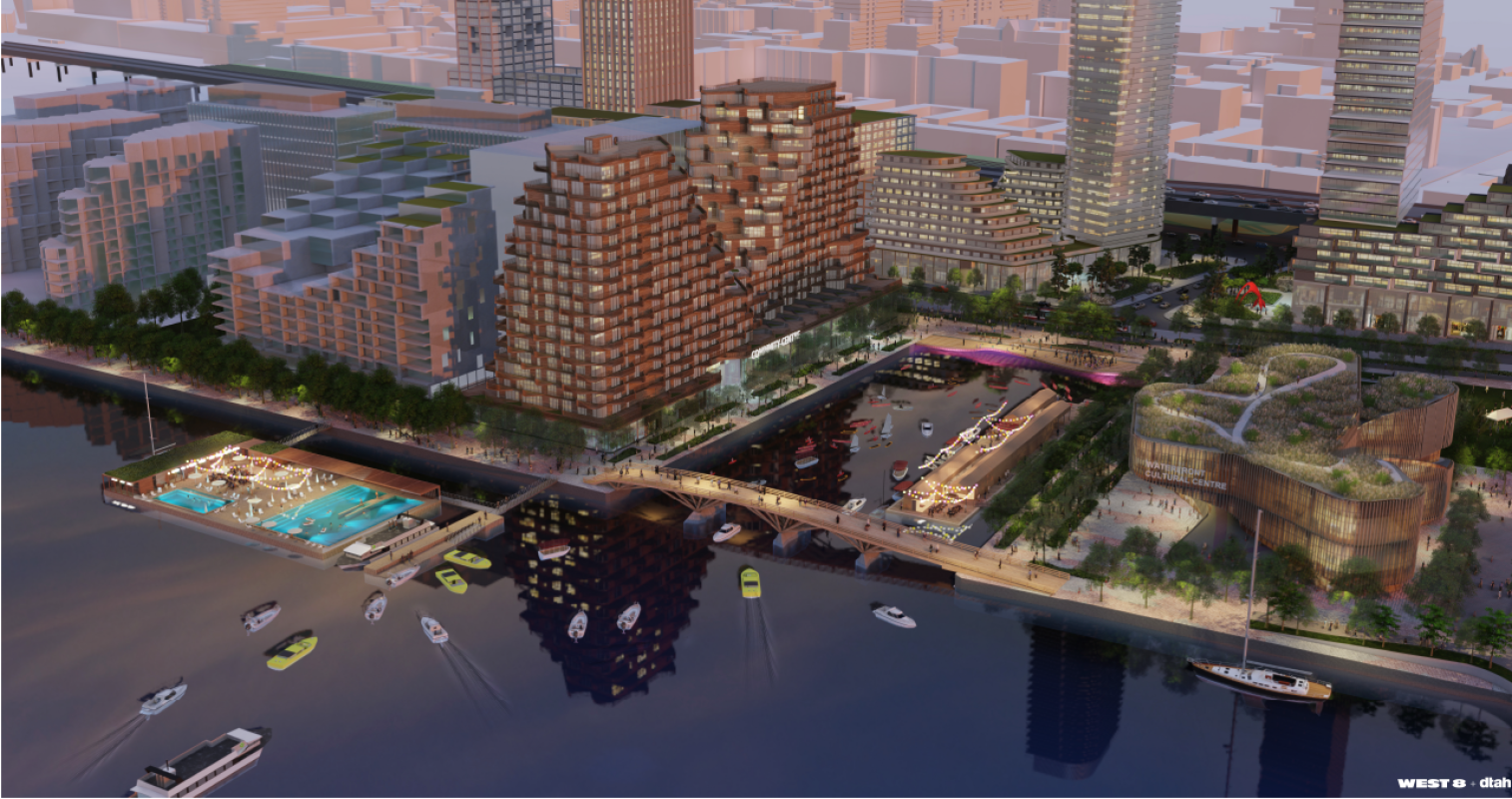 Rendering: Parliament Slip seen from above with water taxis at the mouth of the slip.